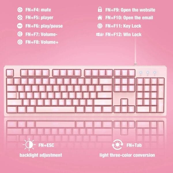 Chic Pink LED Backlit Wired Gaming Keyboard with Ergonomic Design - 104 Keys - Image 3