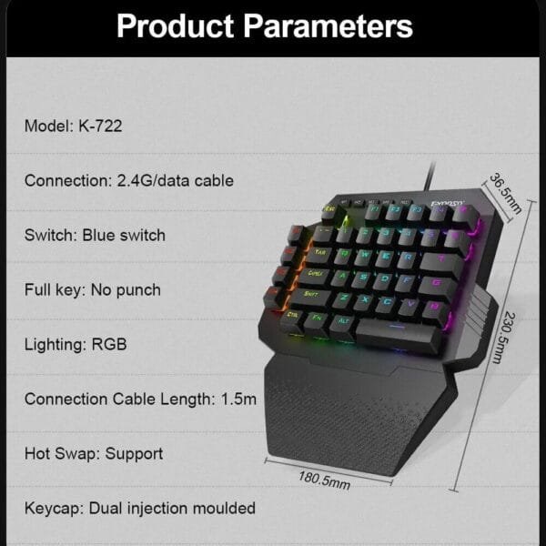 Wireless Mini One-handed RGB Mechanical Gaming Keyboard with 44 Keys & Blue Switch - Image 7