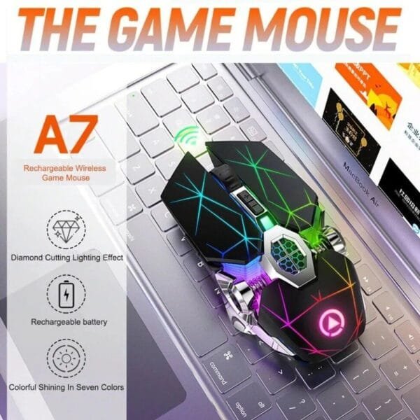 Wireless Optical Gaming Mouse - 1600DPI, Rechargeable, 7-Color LED, Silent Mic - Image 7