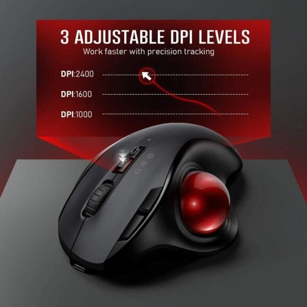 Rechargeable Ergonomic Trackball Mouse - Wireless 2.4G and Bluetooth Connectivity - 2400 DPI - Image 6